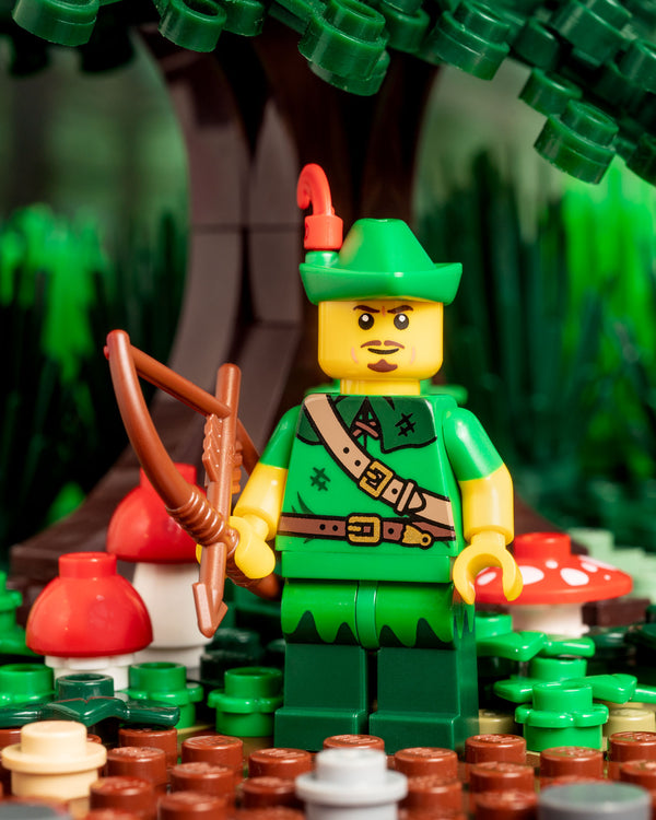 Custom Pad Printed LEGO castle Robin Hood Minifigure in forest setting